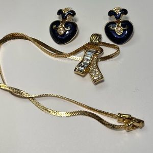 Rare Swarovski vintage blue enamel & crystal earrings & gold tone necklace